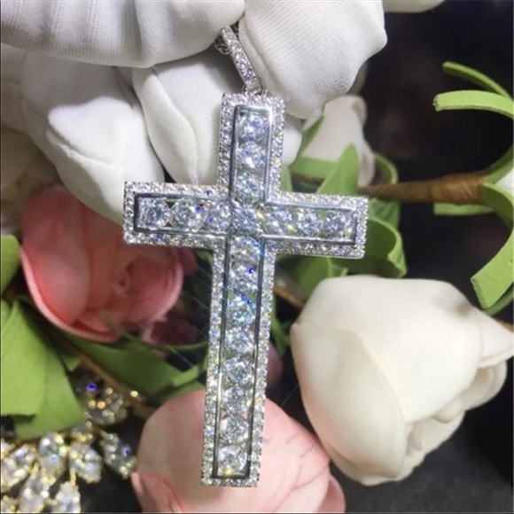 New 925 Silver Men Women Luxury Cross Diamond Necklace - Picture 5 of 16